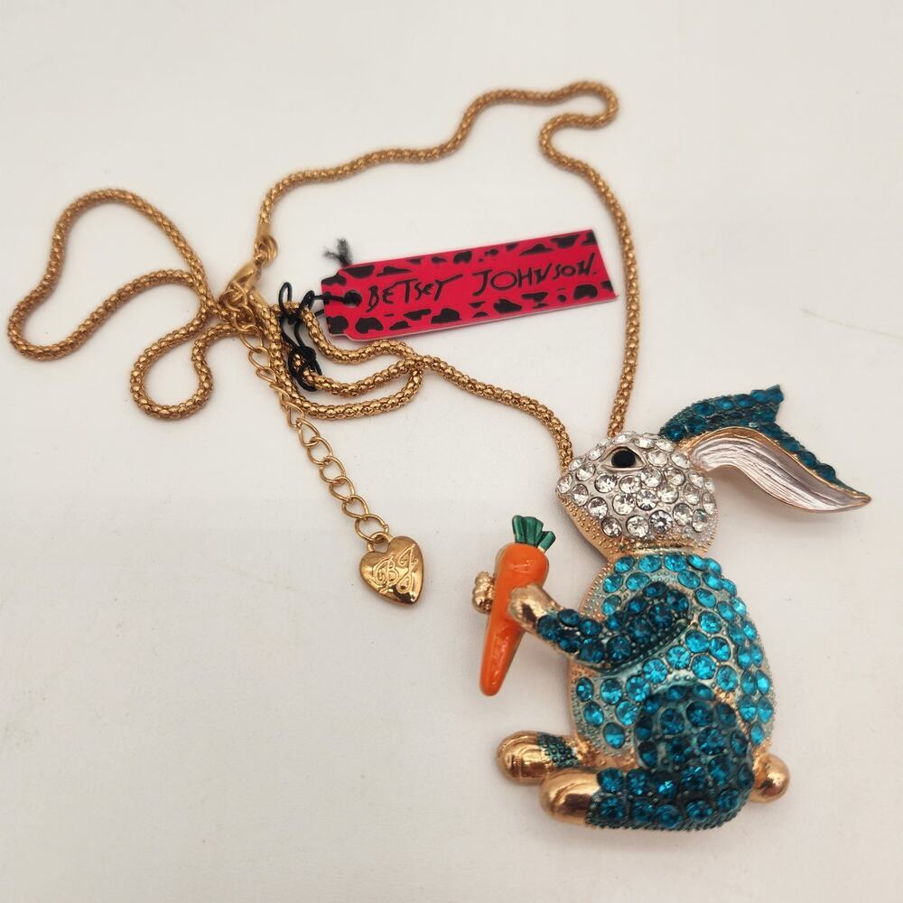 NWT Betsey Johnson Jeweled Bunny Carrot 24" Goldtone Chain Lobster Claw‎ Clasp - Picture 2 of 9